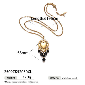 Ensemble Collier Et Collier Rétro En Acier Inoxydable, Imperméable, Couleur Or, Avec Pompon En Cristal Et Pierre Naturelle, Motif Cœur. h5
