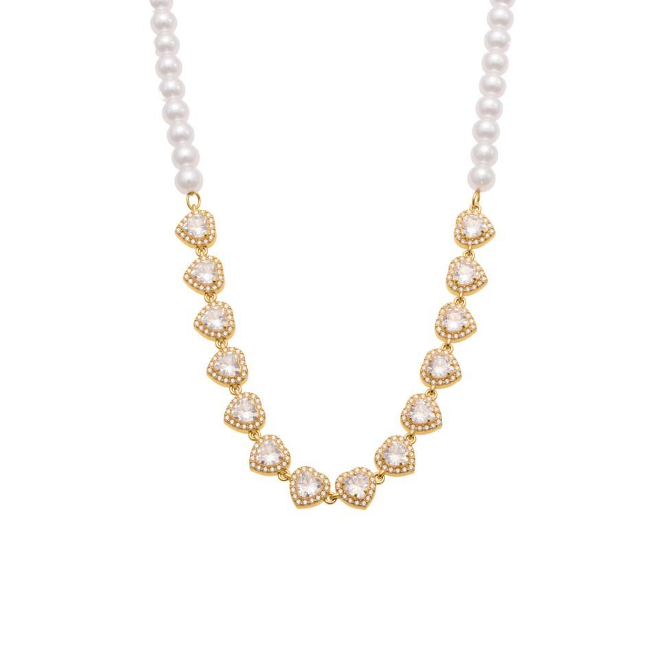 Collier De Perles Pour Femme En Acier Inoxydable, Orné De Zircon Doré Et De Perles En Forme De Cœur Brillant (1 Pièce) 