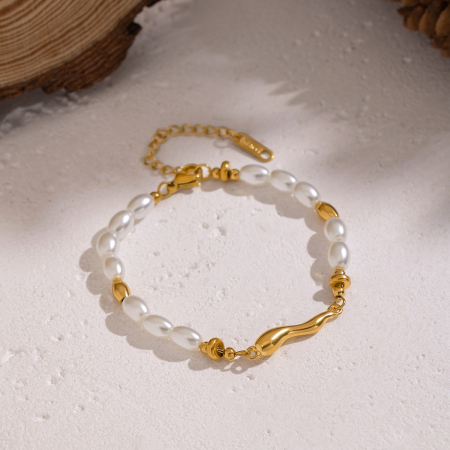 Bracelet en acier inoxydable étanche, couleur or, orné de perles (1 pièce).