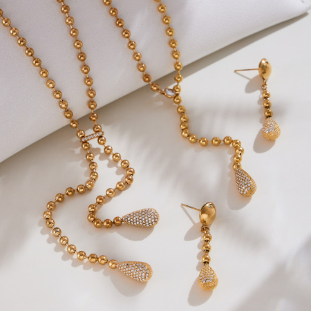Ensembles de bijoux pour femmes en acier inoxydable imperméable, ornés de zircon et de pendentifs en forme de goutte. 2