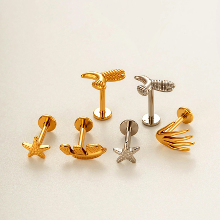 Boucle d'oreille piercing en alliage de titane en forme de feuille, couleur or et zircone