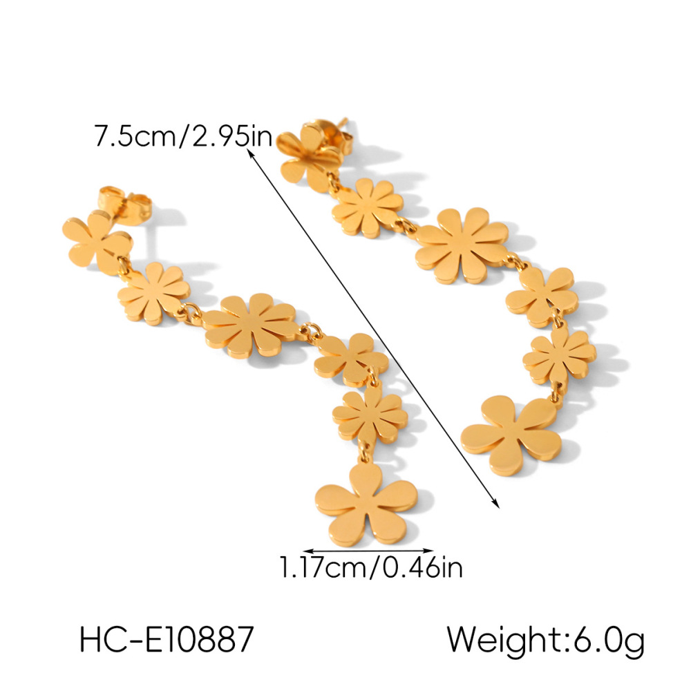 1 Paire De Boucles D'Oreilles Pendantes En Acier Inoxydable Doré, Imperméables, À Motif Floral Image2