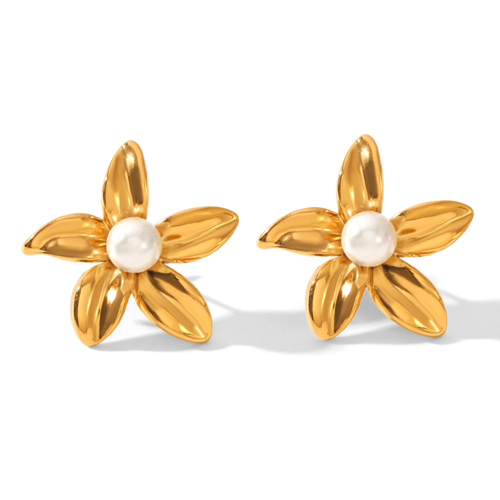 1 Paire De Boucles D'Oreilles À Clous En Acier Inoxydable Doré, Imperméables, Avec Perles Et Motif Floral 