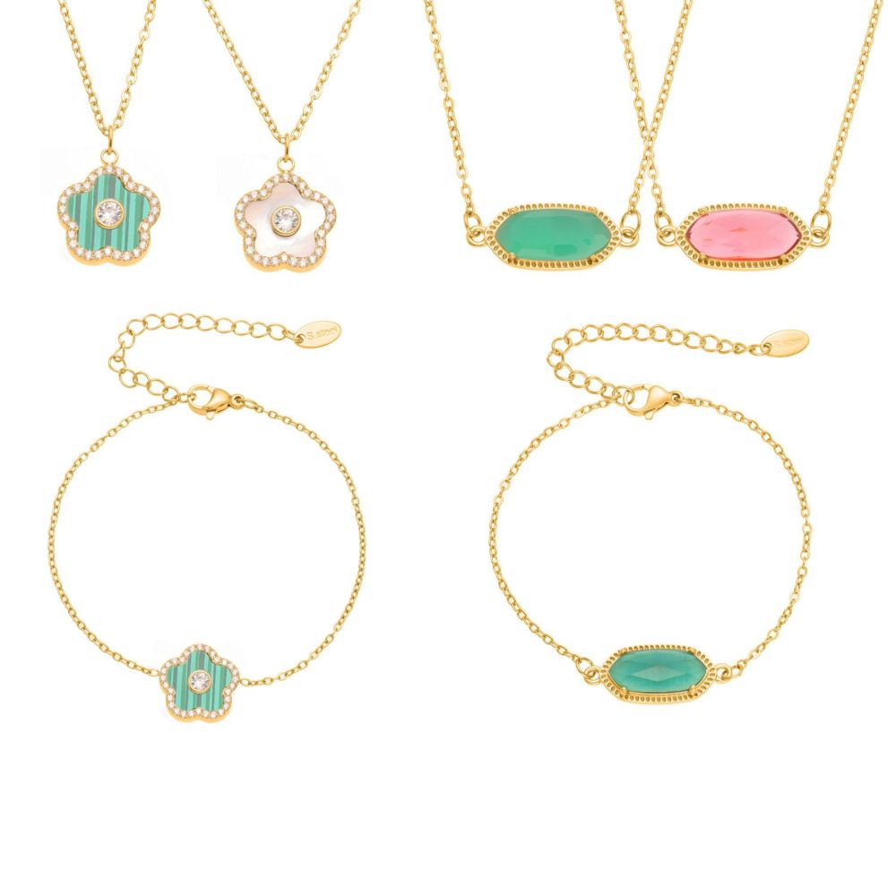 Magnifique Ensemble De Bijoux Pour Femmes, Chaîne Hexagonale En Forme De Fleur, En Acier Inoxydable Étanche, Couleur Or Et Cristal. h5Image7