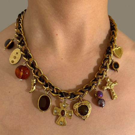 Collier pendentif en cuir acrylique couleur or avec croix en forme de cœur, 1 pièce 2