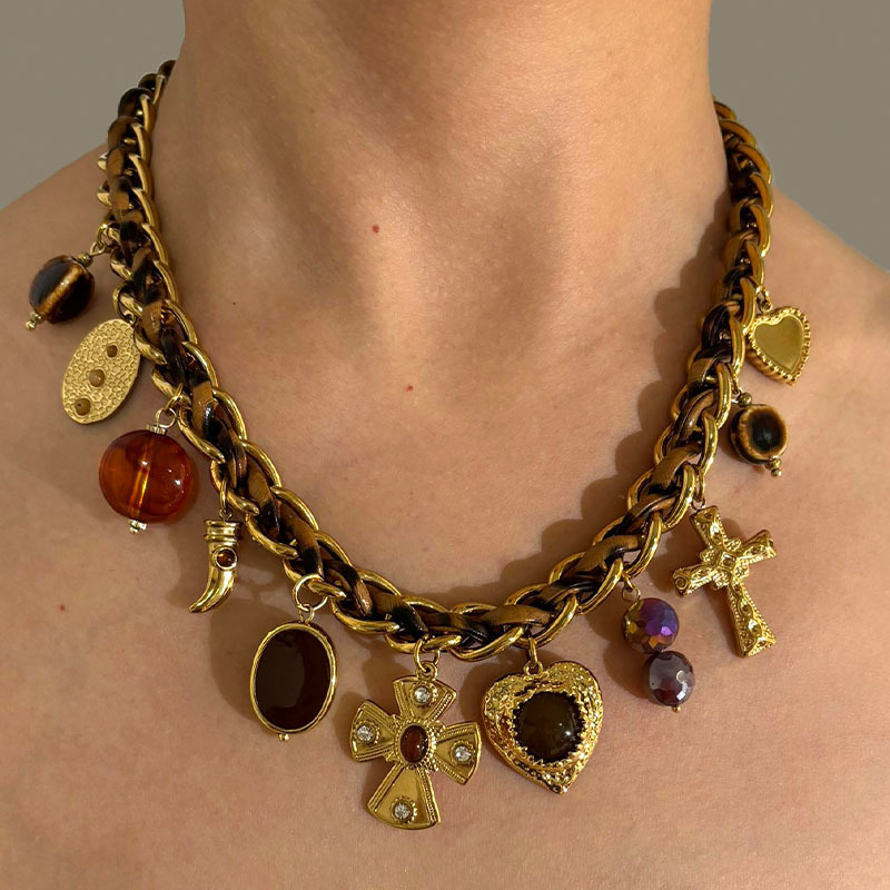 Collier Pendentif En Cuir Acrylique Couleur Or Avec Croix En Forme De Cœur, 1 Pièce Image3