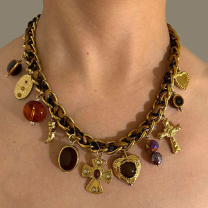 Collier Pendentif En Cuir Acrylique Couleur Or Avec Croix En Forme De Cœur, 1 Pièce h5 Image3