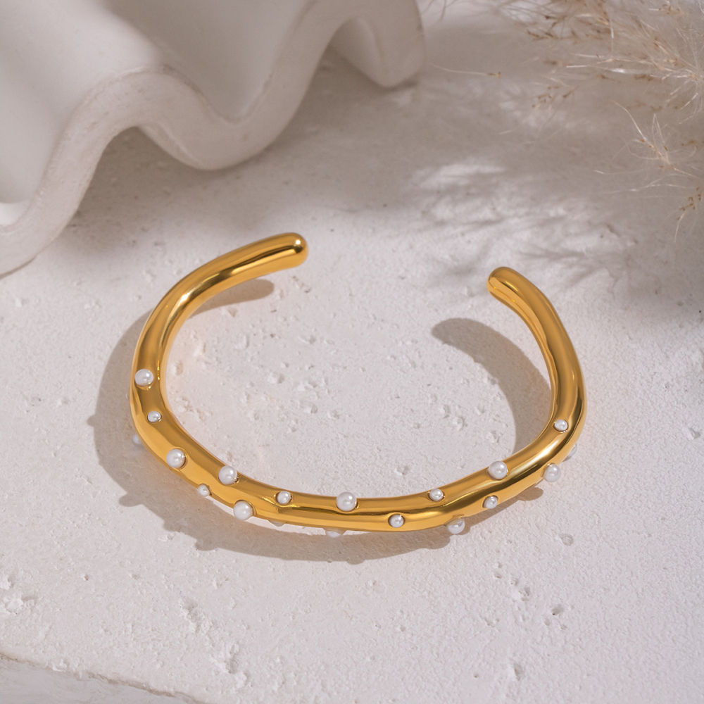 Bracelet Manchette En Acier Inoxydable Étanche Couleur Or Avec Perle (1 Pièce) Image3