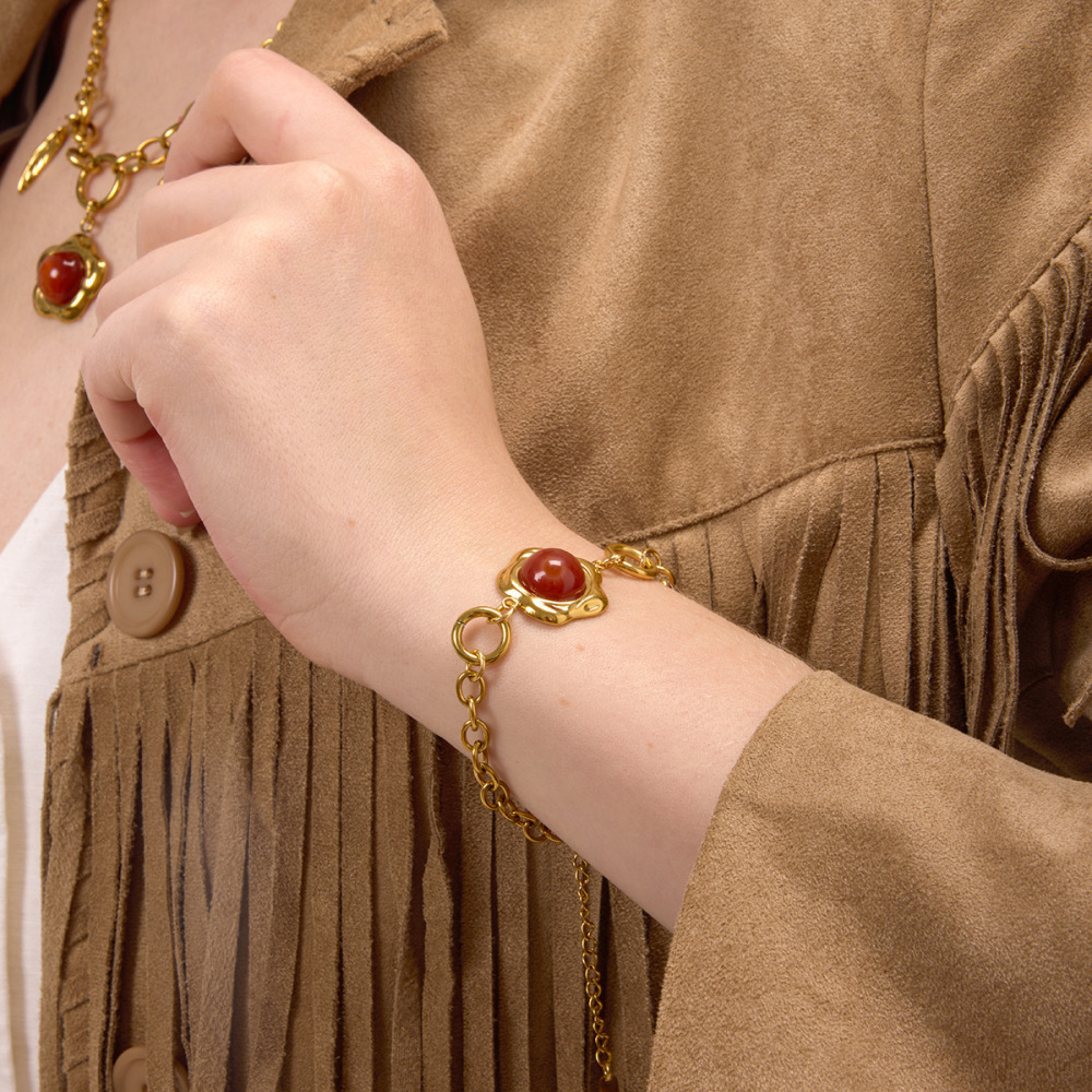 Bracelet À Maillons Pour Femme, En Acier Inoxydable, Imperméable, Couleur Or, Orné D'Une Fleur Luxueuse (1 Pièce). Image4