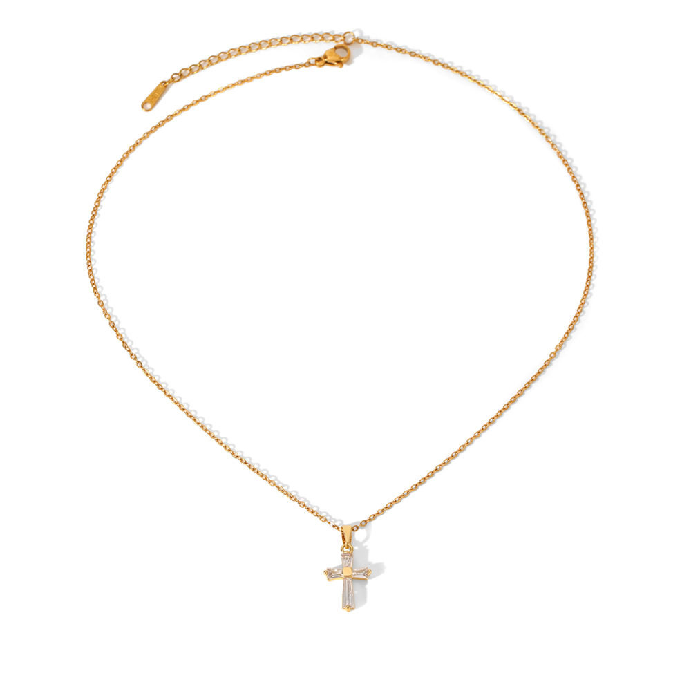 Collier Pendentif Croix En Acier Inoxydable Étanche Couleur Or Avec Zircon (1 Pièce) 