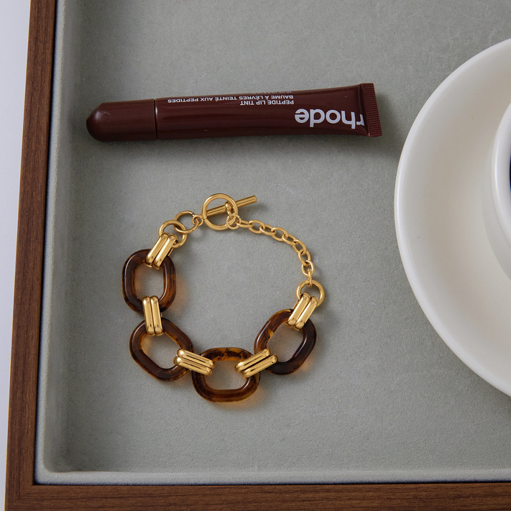Bracelet À Maillons Pour Femme, En Acier Inoxydable Imperméable Et Acrylique, Coloris Dégradé Classique (1 Pièce). Image4
