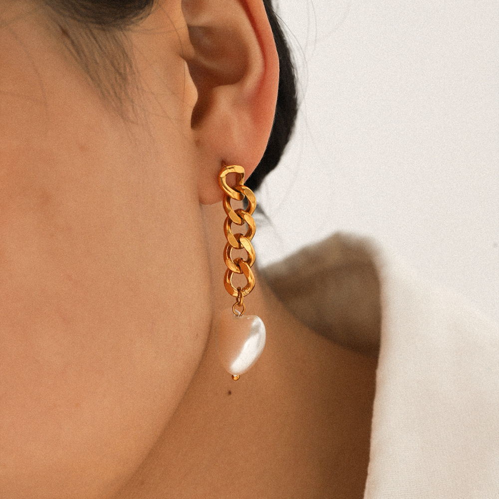 Boucles D'Oreilles Pendantes En Forme De Cœur, Perles, En Acier Inoxydable Doré, Imperméables Et À Chaîne (1 Paire). Image3