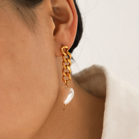 Boucles d'oreilles pendantes en forme de cœur, perles, en acier inoxydable doré, imperméables et à chaîne (1 paire). 2