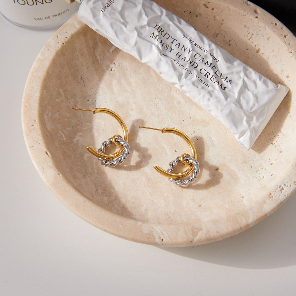 1 Paire De Boucles D'Oreilles Créoles Modernes Pour Femmes, En Acier Inoxydable Étanche, Coloris Or Et Argent. Image5