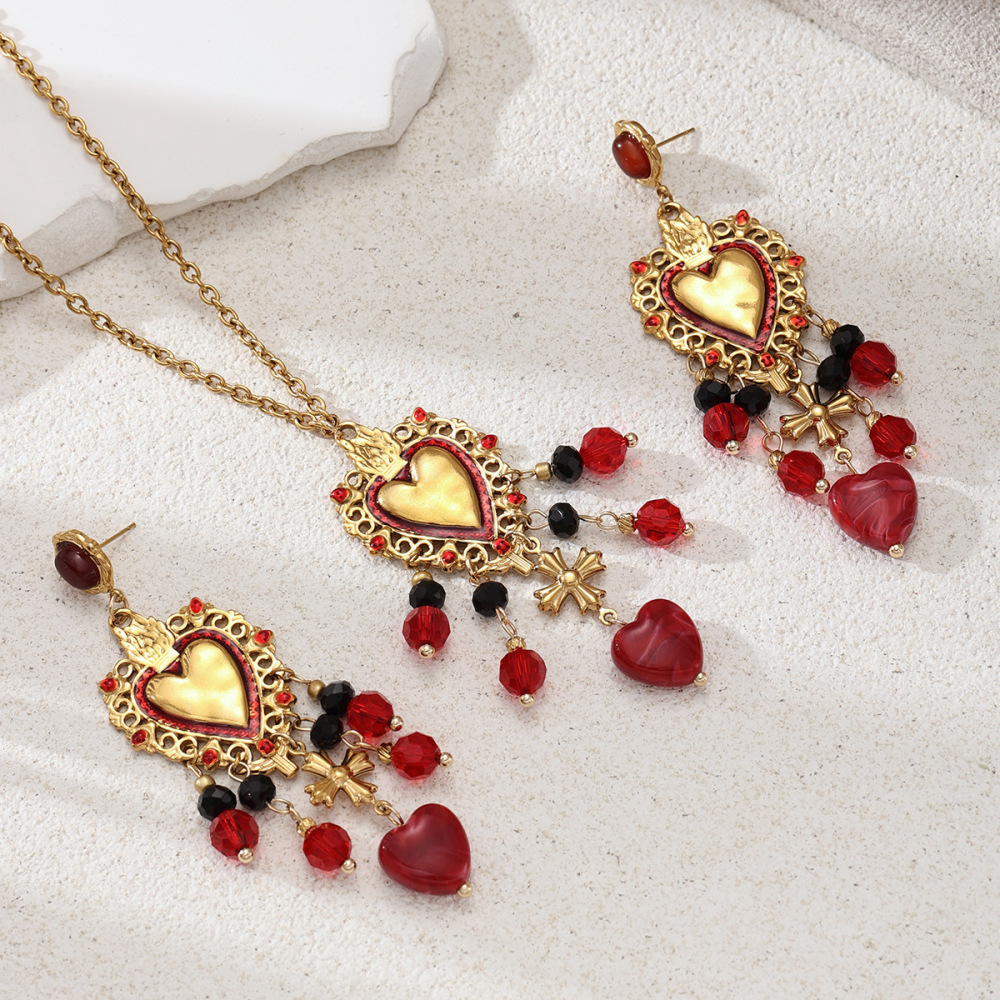Ensemble Collier Et Collier Rétro En Acier Inoxydable, Imperméable, Couleur Or, Avec Pompon En Cristal Et Pierre Naturelle, Motif Cœur. Image4
