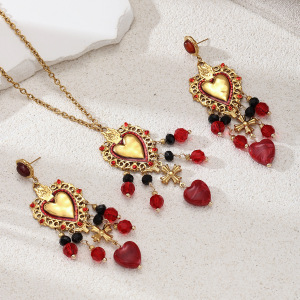 Ensemble Collier Et Collier Rétro En Acier Inoxydable, Imperméable, Couleur Or, Avec Pompon En Cristal Et Pierre Naturelle, Motif Cœur. h5 Image4