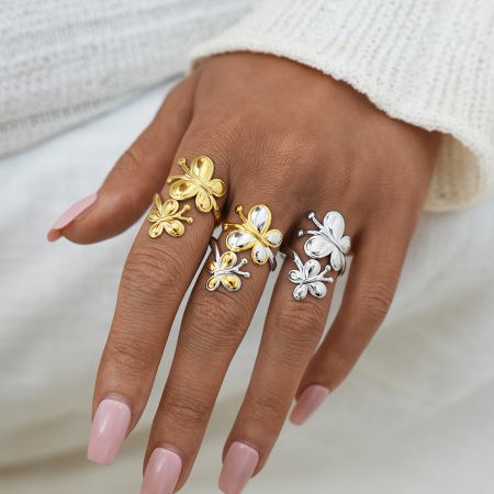 Bague femme en acier inoxydable doré, motif papillon naturel (1 pièce)