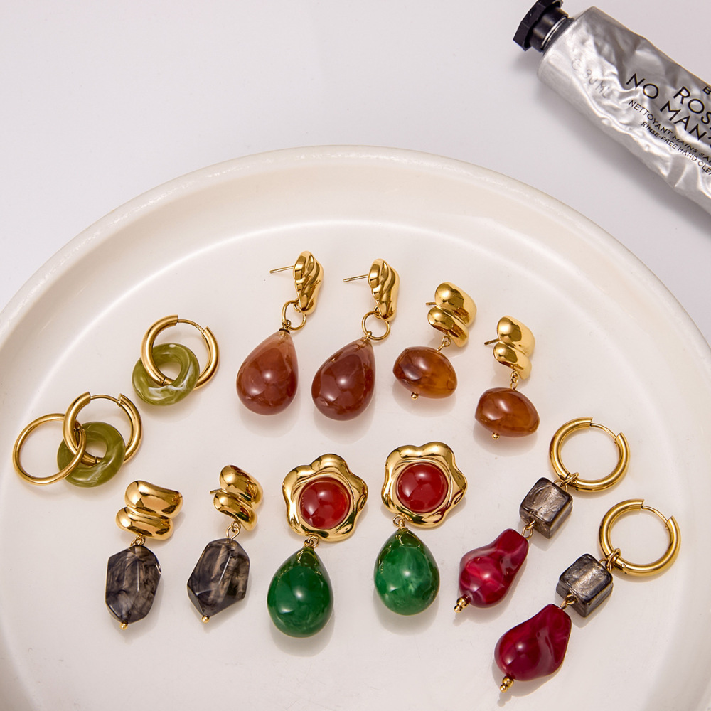 1 Paire De Boucles D'Oreilles Pendantes Vintage En Acier Inoxydable, Imperméables, Couleur Or, En Acrylique Pour Femme. Image9