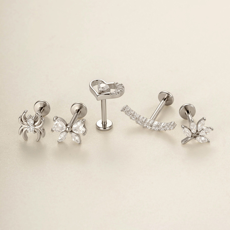 Boucles D'Oreilles Piercing Pour Femme, En Acier Inoxydable Doré, Ornées D'Un Nœud Papillon Et D'Un Serpent, Avec Zircon Et Motif Cœur Délicat. h5Image3