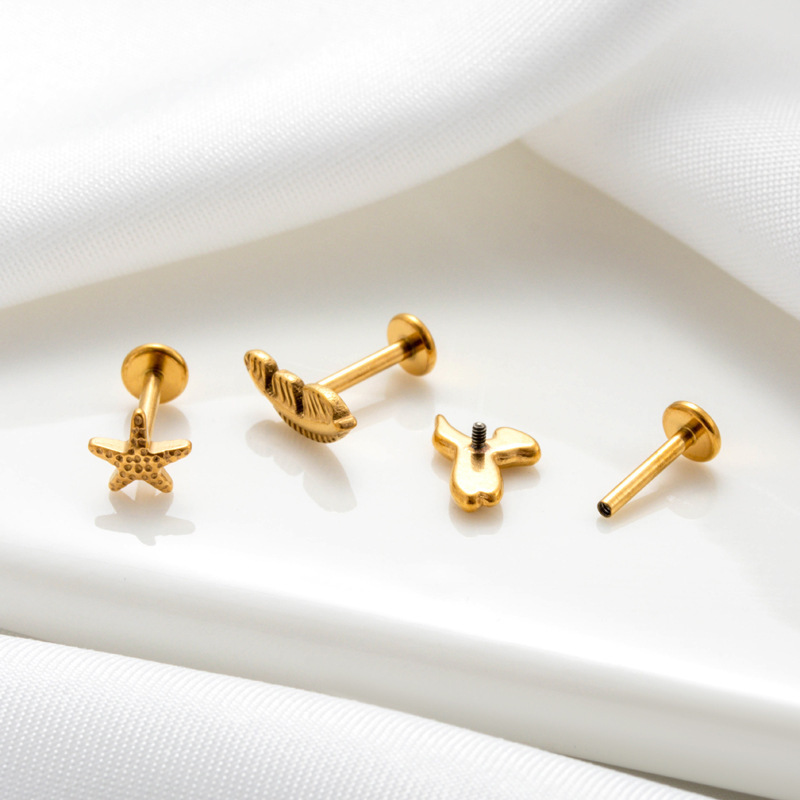 Boucle D'Oreille Piercing En Alliage De Titane En Forme De Feuille, Couleur Or Et Zircone Image4