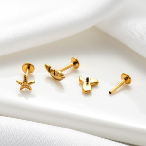 Boucle D'Oreille Piercing En Alliage De Titane En Forme De Feuille, Couleur Or Et Zircone h5 Image4
