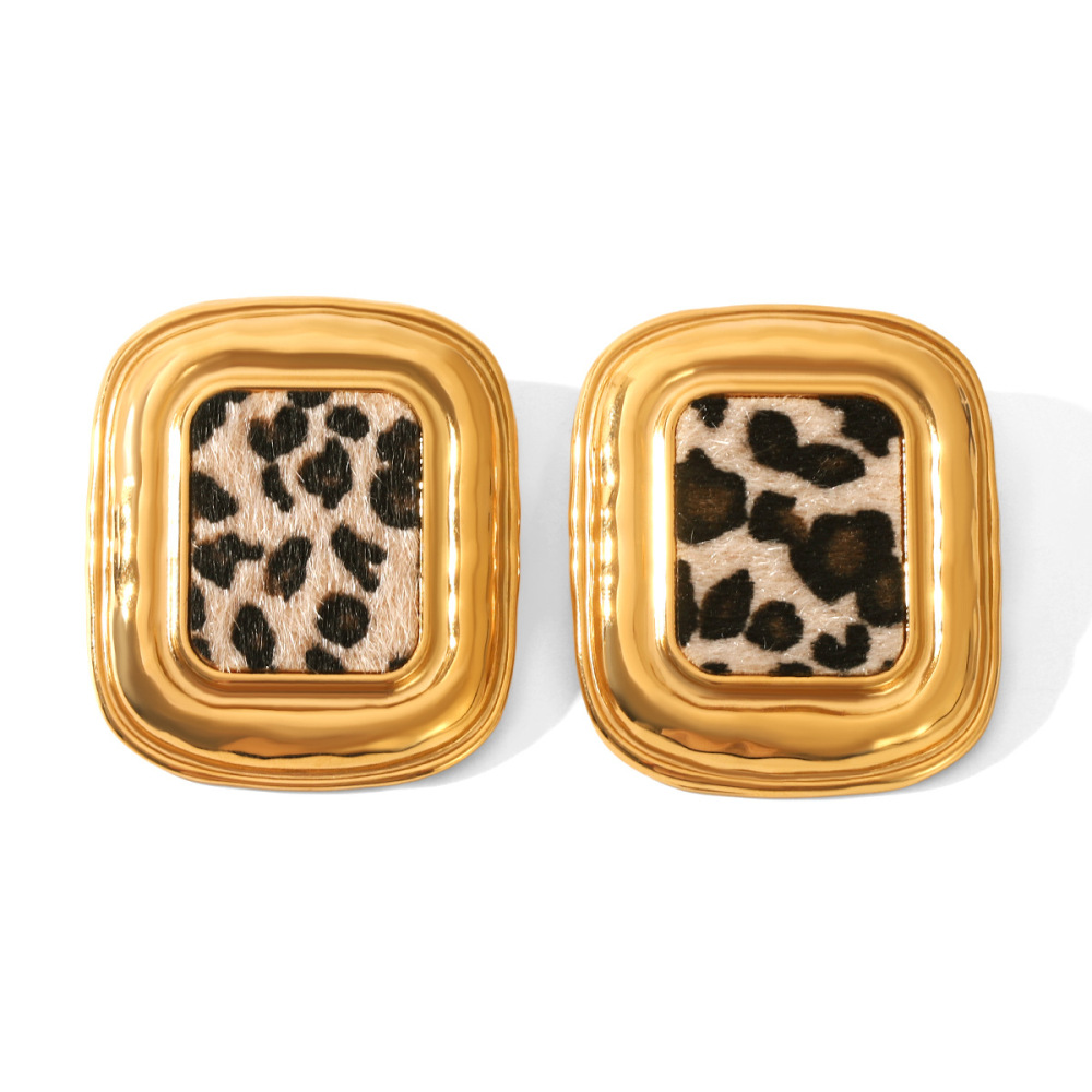 1 Paire De Boucles D'Oreilles À Clous En Acier Inoxydable Doré, Motif Léopard h5Image4