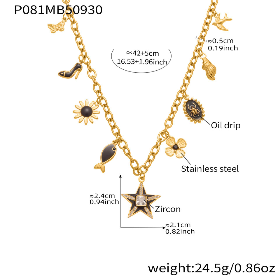Collier Pendentif Femme Rétro Étoile Noire En Acier Inoxydable Étanche Couleur Or (1 Pièce) h5Image2