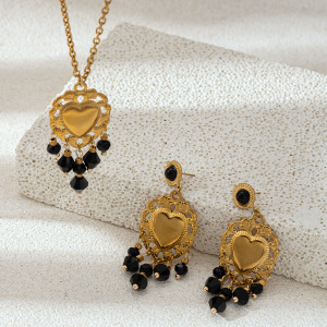 Ensemble Collier Et Collier Rétro En Acier Inoxydable, Imperméable, Couleur Or, Avec Pompon En Cristal Et Pierre Naturelle, Motif Cœur. h5 Image3