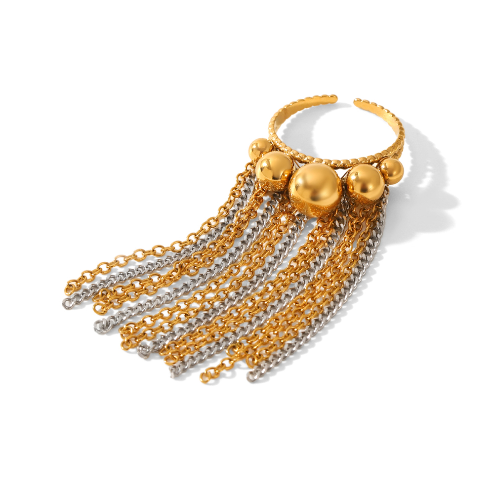 Bague En Acier Inoxydable Doré Étanche Avec Pompon Et Zircon.