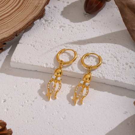 Boucles d'oreilles pendantes en forme de pieuvre, en acier inoxydable étanche, couleur or, avec zircon (1 paire).
