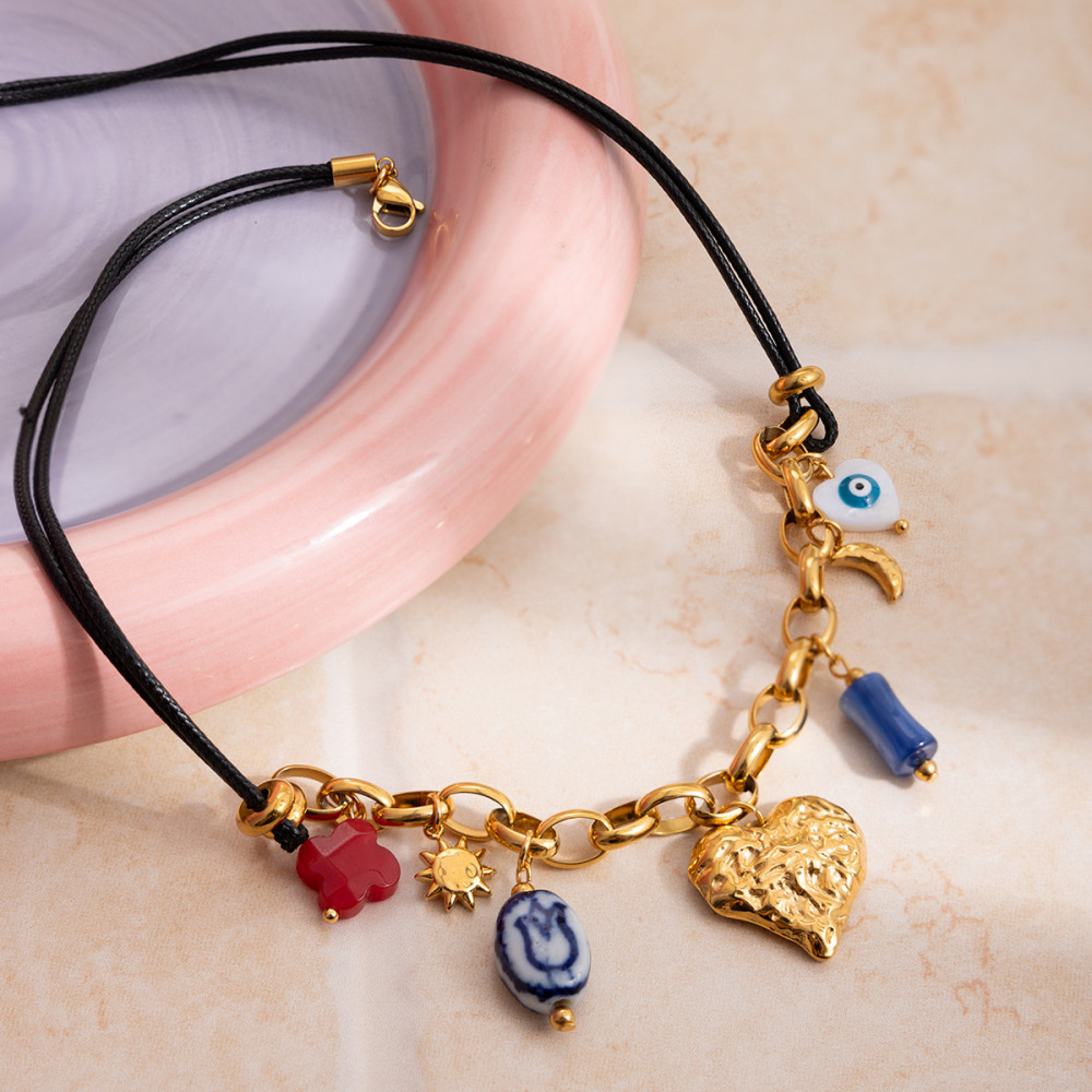 Collier Pendentif Femme Rétro En Forme De Cœur, En Acier Inoxydable, Étanche, Couleur Or Et Acrylique. h5Image4