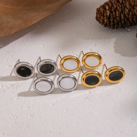 1 paire de boucles d'oreilles à clous rondes en acier inoxydable émaillé, étanches, couleur or