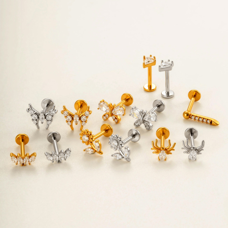 Boucles d'oreilles piercing femme, 1 pièce, en acier inoxydable, imperméables, couleur or, avec motif fleur et papillon et zircon.