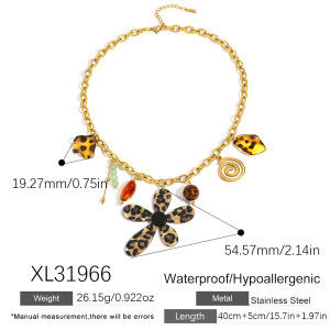 Collier Pendentif Femme En Acier Inoxydable Étanche, Motif Floral Ethnique Léopard (1 Pièce) h5