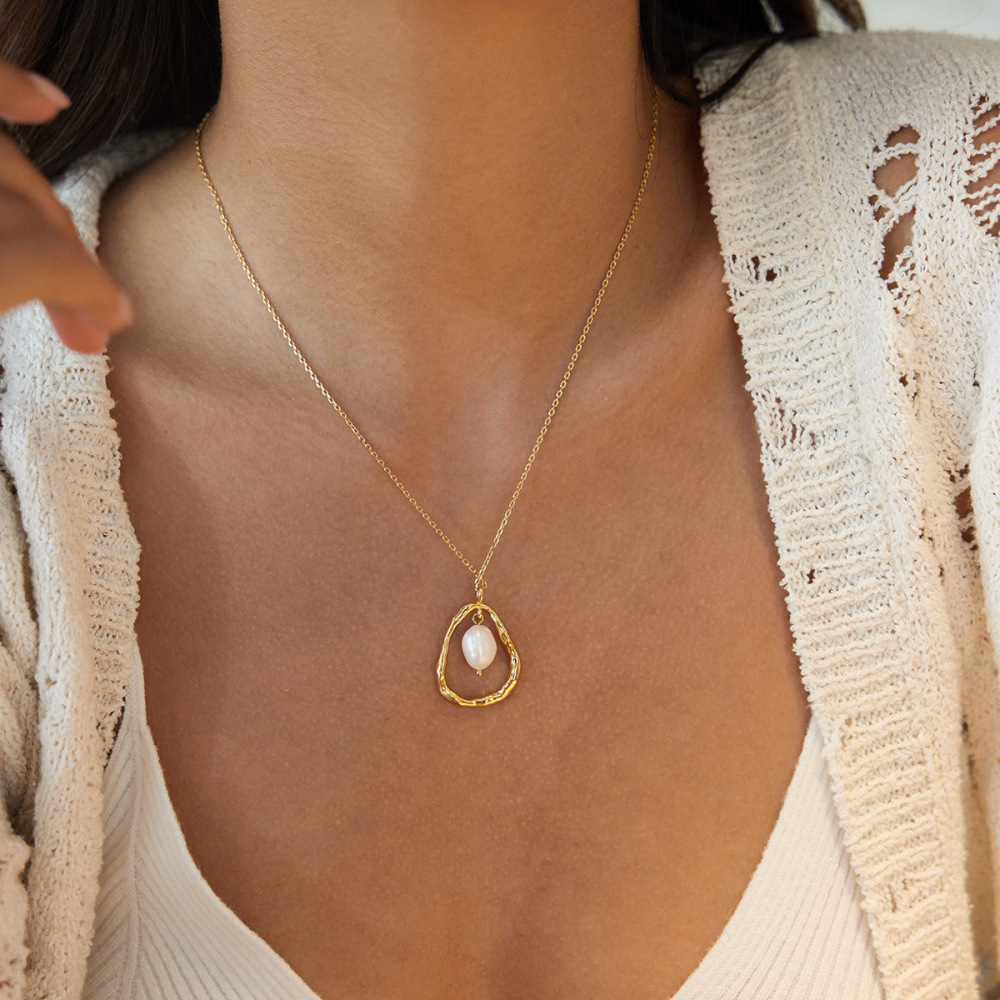 Collier Pendentif Femme En Acier Inoxydable Doré, Perle, Orné D'Une Goutte Romantique (1 Pièce) Image4