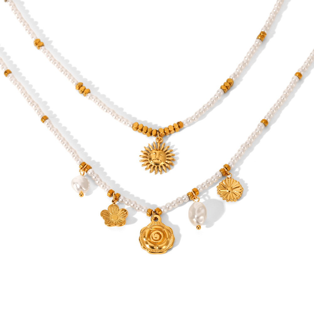 Collier Pendentif En Forme De Soleil En Acier Inoxydable Étanche Couleur Or Avec Perles Image6