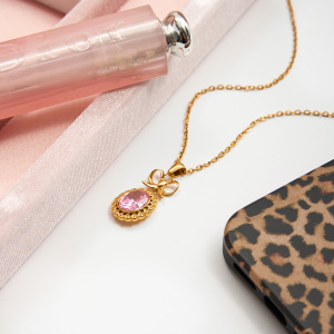 Collier Pendentif Classique Rond En Zircon Rose, Acier Inoxydable Étanche, Couleur Or, Pour Femme (1 Pièce) h5 Image6