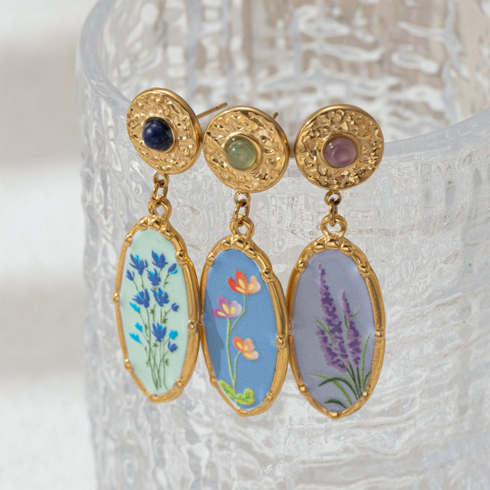 1 Paire De Boucles D'Oreilles Pendantes Romantiques En Émail, En Acier Inoxydable, Couleur Or, Avec Pierre Naturelle Et Motif Floral. Image3