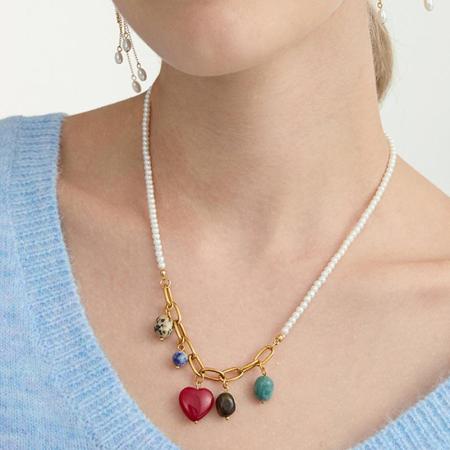 Collier pendentif femme en acier inoxydable doré, orné d'un cœur lustré et d'une pierre naturelle (1 pièce)
