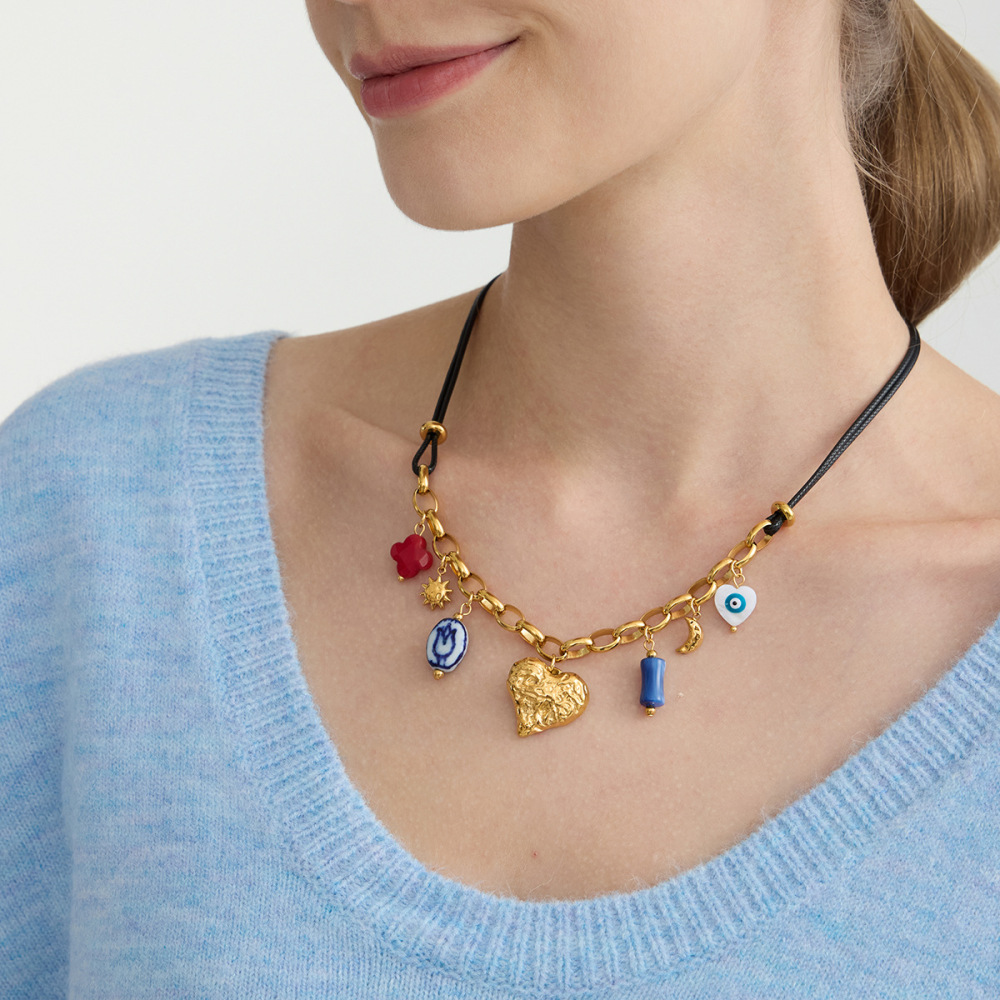 Collier Pendentif Femme Rétro En Forme De Cœur, En Acier Inoxydable, Étanche, Couleur Or Et Acrylique. h5Image7