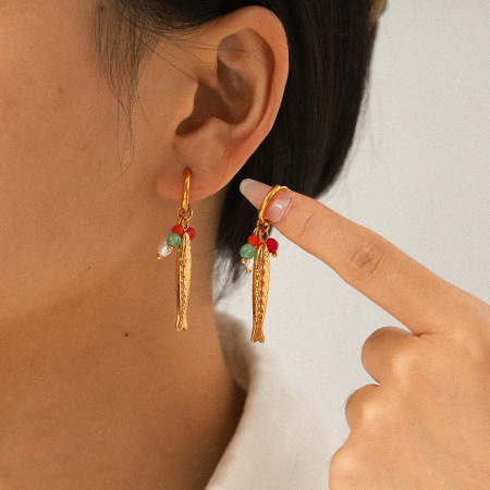 Boucles d'oreilles pendantes en acier inoxydable doré, étanches, en forme de poisson (1 paire)