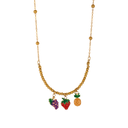 Collier pendentif femme en acier inoxydable doré, motif fruits colorés (1 pièce)