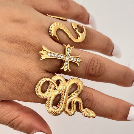 Bague tendance en acier inoxydable étanche, forme serpent, couleur or (1 pièce)