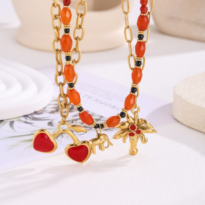 Collier Pendentif Femme En Acier Inoxydable Étanche, Motif Cœur Cerise, 1 Pièce, Série Rouge h5 Image3