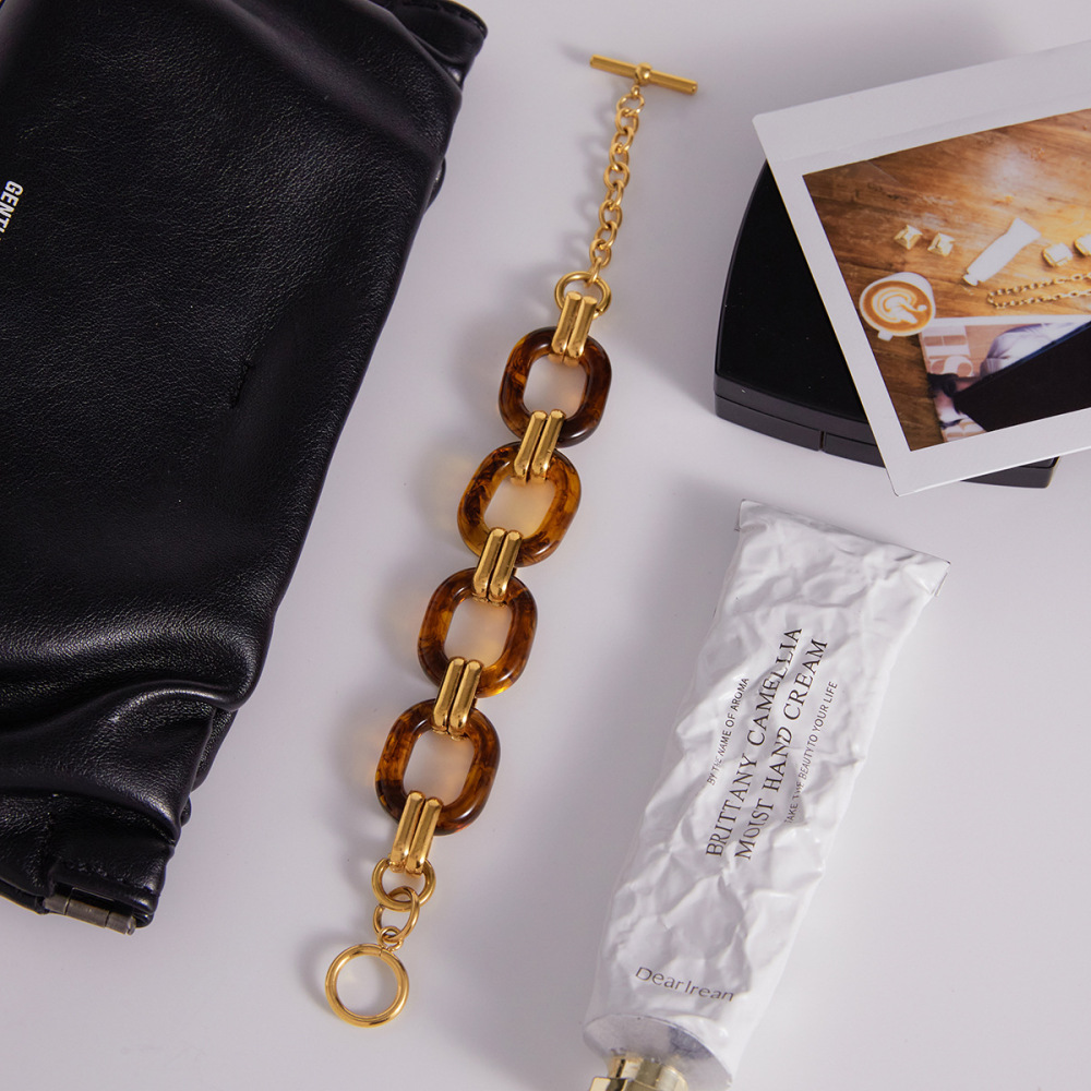 Bracelet À Maillons Pour Femme, En Acier Inoxydable Imperméable Et Acrylique, Coloris Dégradé Classique (1 Pièce). Image5