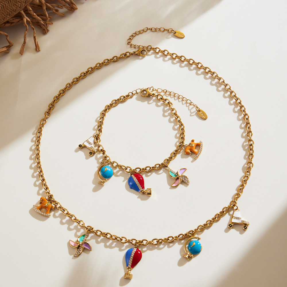 Ensembles De Bijoux Pour Femmes En Acier Inoxydable Imperméable Avec Montgolfière Et Zircon Doré, Personnalisables Image2