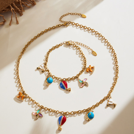 Ensembles de bijoux pour femmes en acier inoxydable imperméable avec montgolfière et zircon doré, personnalisables 2