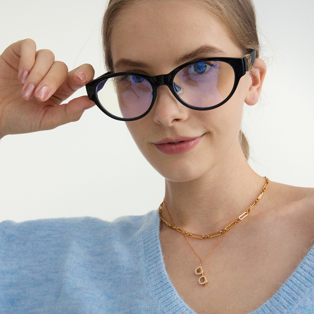Collier Pendentif Femme En Forme De Lunettes, Acier Inoxydable Étanche, Couleur Or, Zircon (1 Pièce) Image4