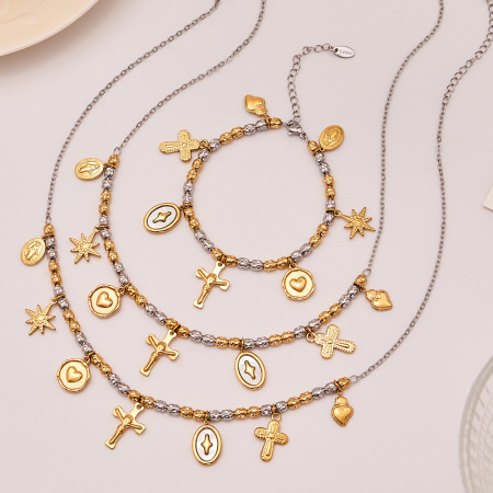 Ensembles de bijoux pour femmes Vintage Cross en acier inoxydable étanche, couleurs or et argent. 2