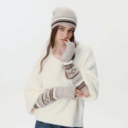 Couvre-manches et bonnet tricotés en rayonne à rayures patchwork rétro 2